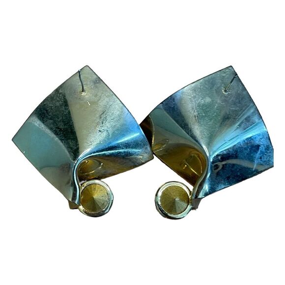 Vintage 80s Rhinestone Abstract Square Earrings Gold Tone Metal - Picture 2 of 3